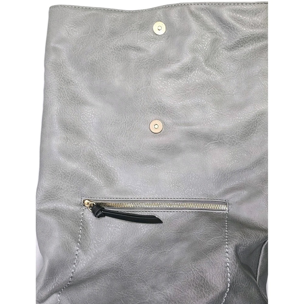 Grey Faux Leather Fold Over Bucket Shoulder Convertible Backpack Purse 6 Pocket - Picture 5 of 10